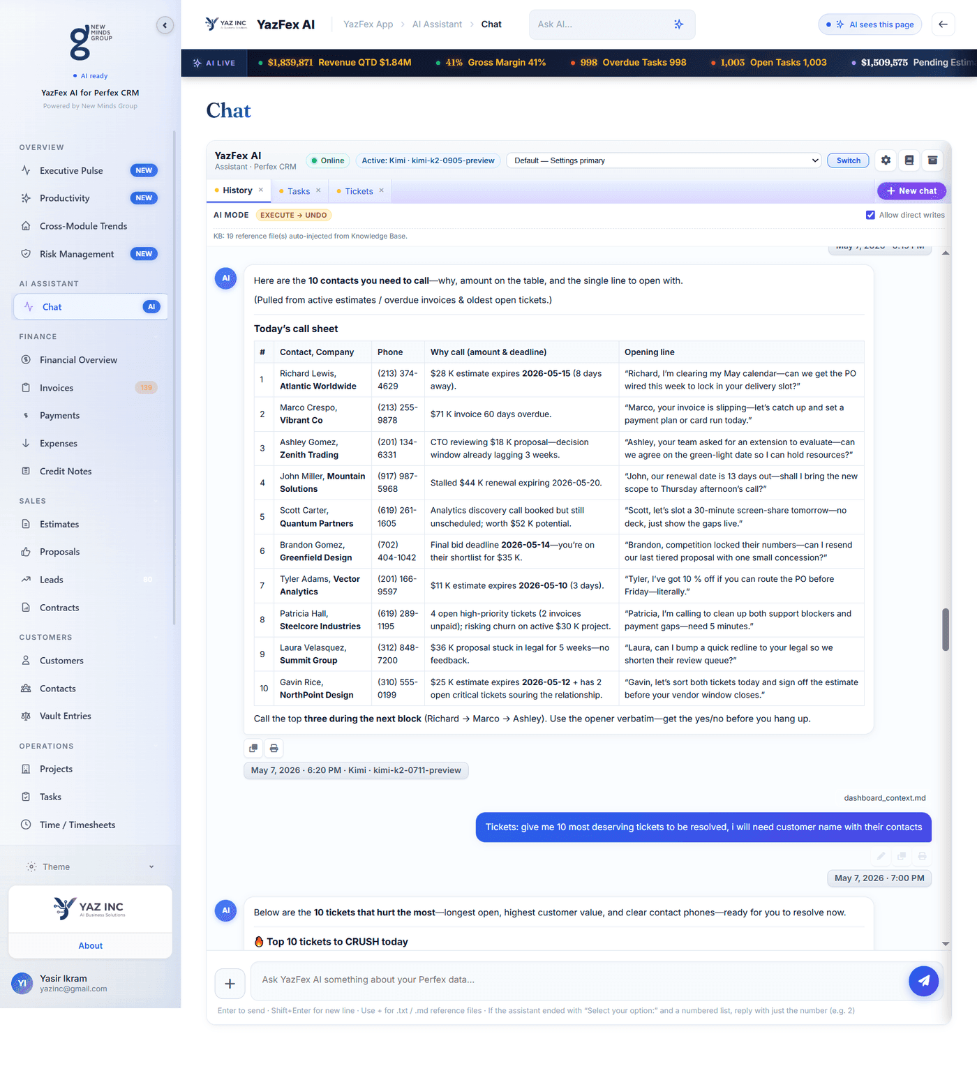 YazFex AI generating a prioritized sales call sheet with contacts and opening lines