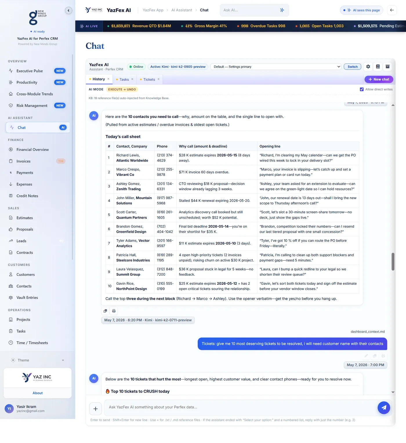 YazFex AI generating a prioritized sales call sheet with contacts and opening lines