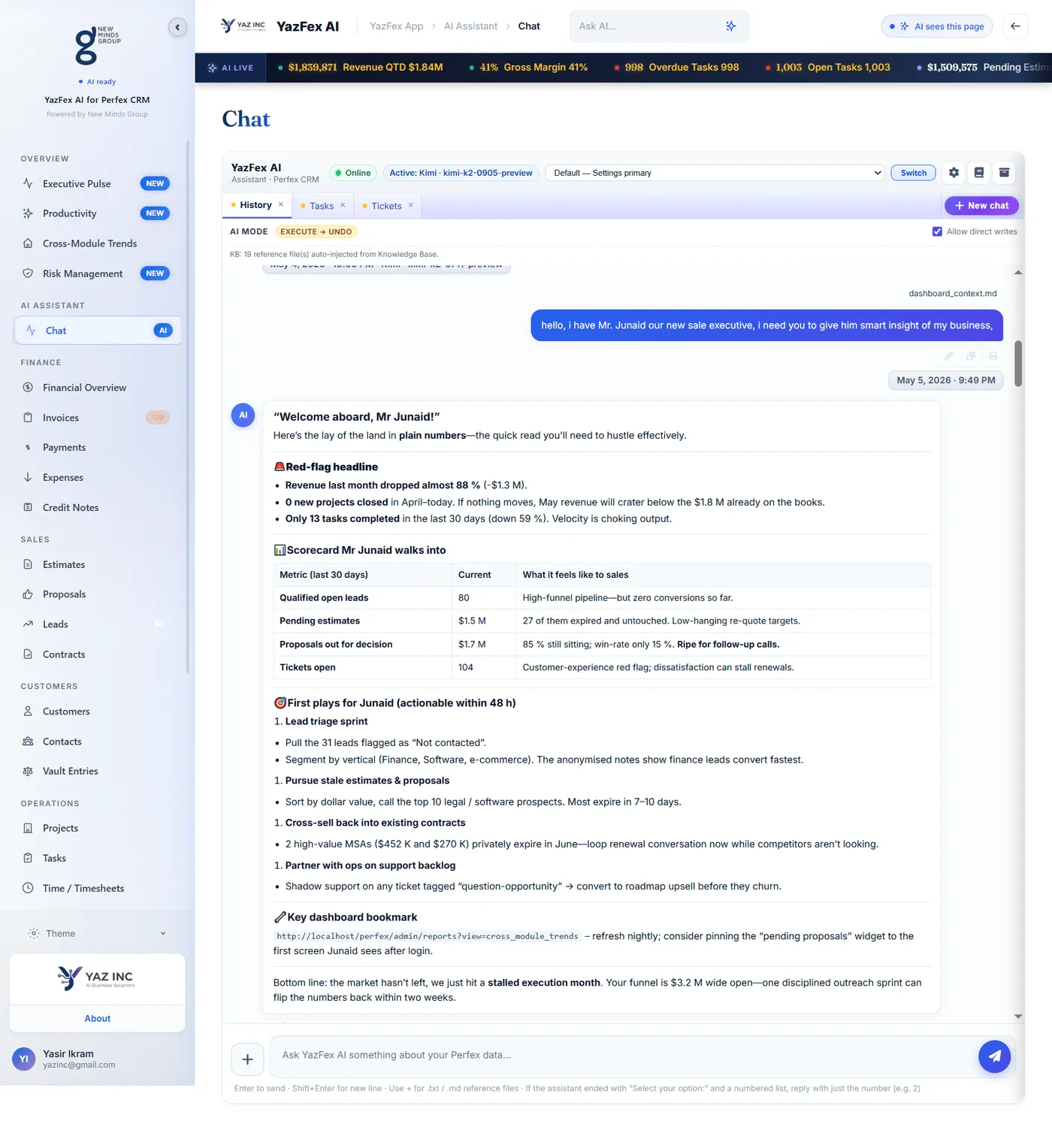 YazFex AI onboarding a new sales executive with CRM analysis and 72-hour sprint plan