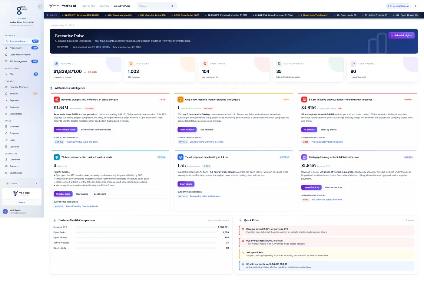 Executive Pulse Dashboard — AI-powered KPIs, insight cards, and cross-module health metrics