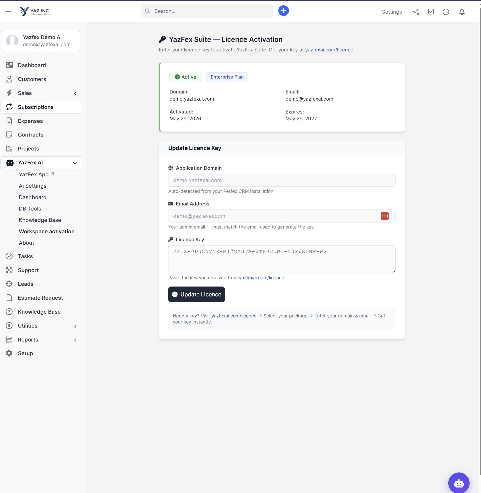 YazFex Licence Activation — active Enterprise Plan with domain-locked key