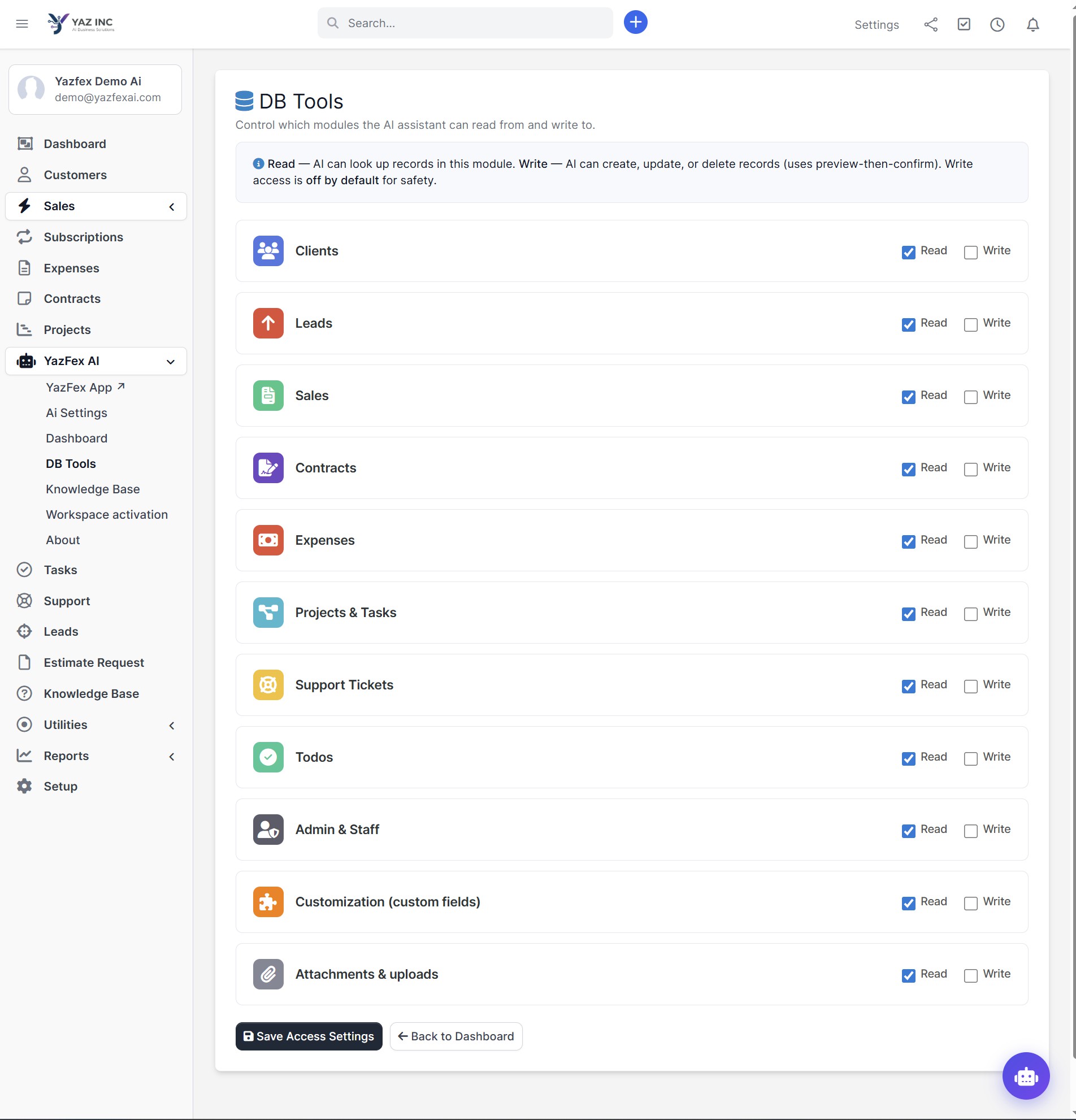 YazFex DB Tools — granular Read and Write permissions for every CRM module